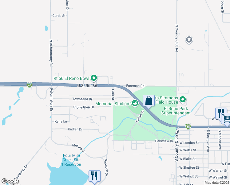 map of restaurants, bars, coffee shops, grocery stores, and more near 2401 Sunset Drive in El Reno