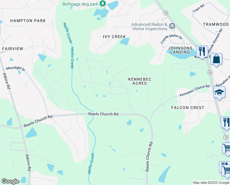 map of restaurants, bars, coffee shops, grocery stores, and more near 9920 Regal Drive in Angier
