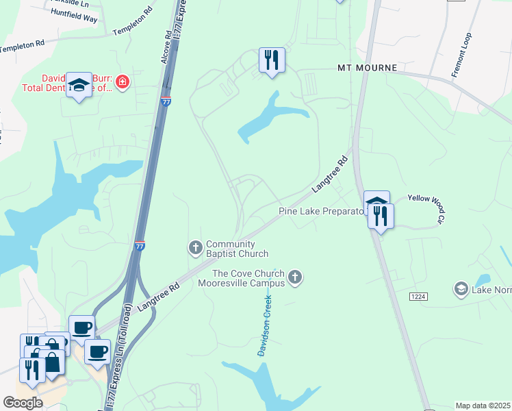 map of restaurants, bars, coffee shops, grocery stores, and more near Langtree Road in Mooresville