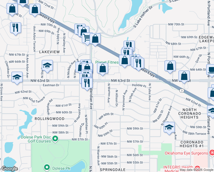 map of restaurants, bars, coffee shops, grocery stores, and more near 4400 Northwest 63rd Street in Oklahoma City