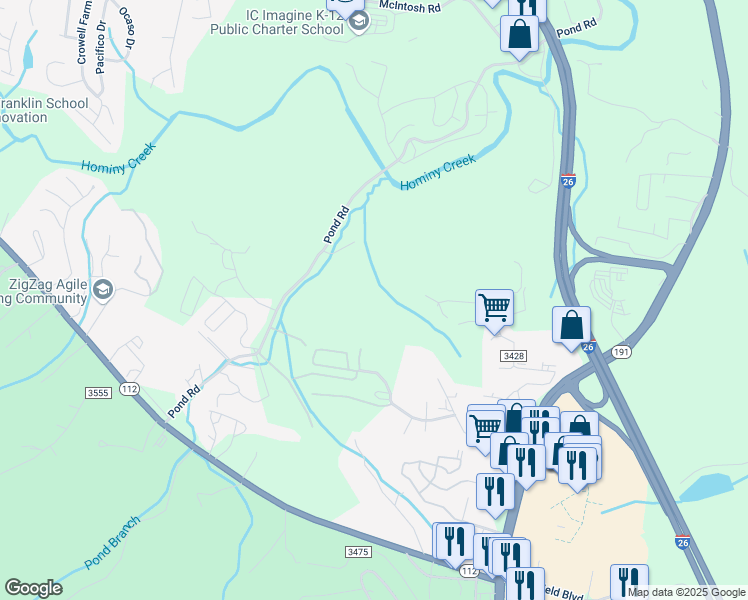 map of restaurants, bars, coffee shops, grocery stores, and more near 3 Pond Road Circle in Asheville