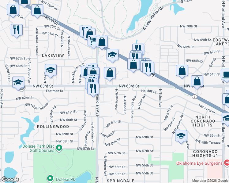 map of restaurants, bars, coffee shops, grocery stores, and more near 4400 Northwest 63rd Street in Oklahoma City