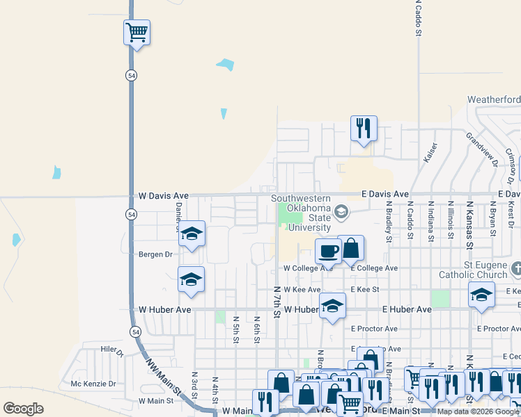 map of restaurants, bars, coffee shops, grocery stores, and more near 509 West Arlington Avenue in Weatherford
