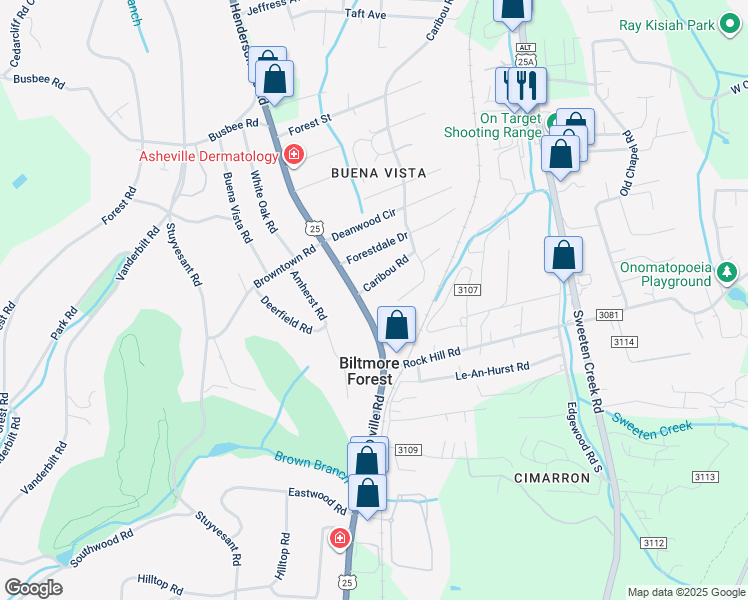map of restaurants, bars, coffee shops, grocery stores, and more near 1080 Hendersonville Road in Asheville