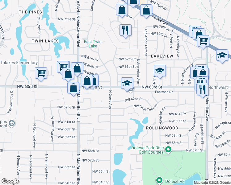 map of restaurants, bars, coffee shops, grocery stores, and more near 5020 Northwest 63rd Street in Oklahoma City