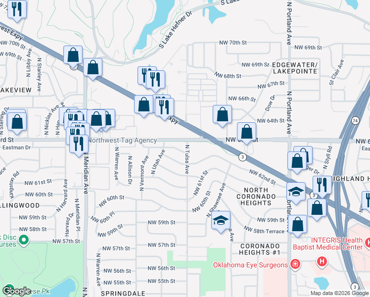map of restaurants, bars, coffee shops, grocery stores, and more near 4117 Holiday Place in Oklahoma City