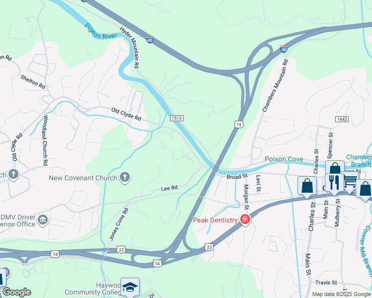 map of restaurants, bars, coffee shops, grocery stores, and more near 2524 Old Clyde Road in Clyde