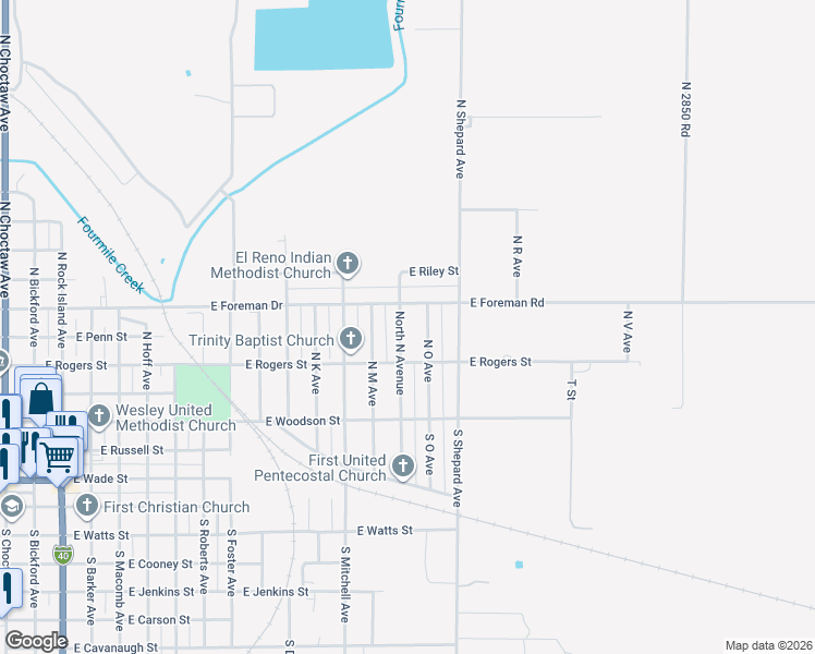 map of restaurants, bars, coffee shops, grocery stores, and more near 241 North North Avenue in El Reno
