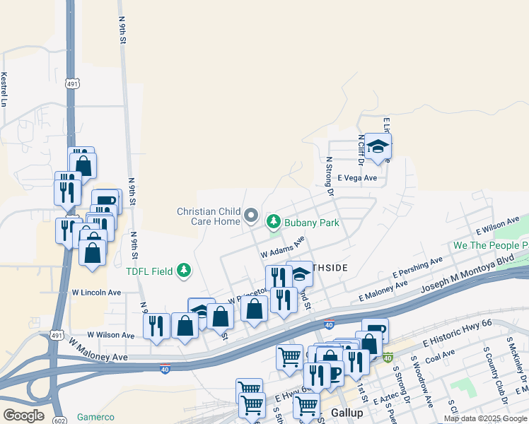 map of restaurants, bars, coffee shops, grocery stores, and more near 810 Georgiana Drive in Gallup