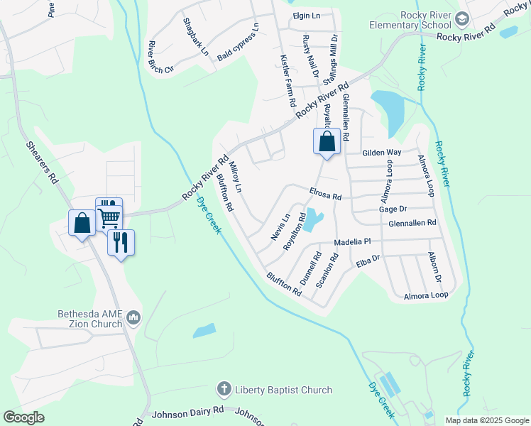 map of restaurants, bars, coffee shops, grocery stores, and more near 123 Elrosa Road in Mooresville