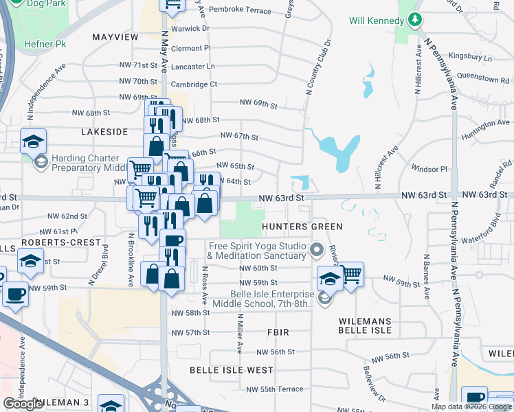 map of restaurants, bars, coffee shops, grocery stores, and more near 2644 Northwest 63rd Street in Oklahoma City