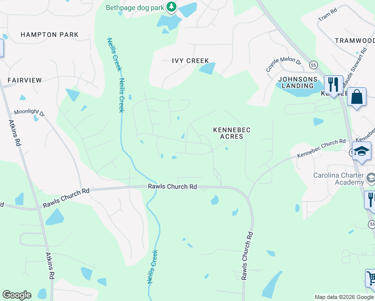 map of restaurants, bars, coffee shops, grocery stores, and more near 9920 Regal Drive in Angier