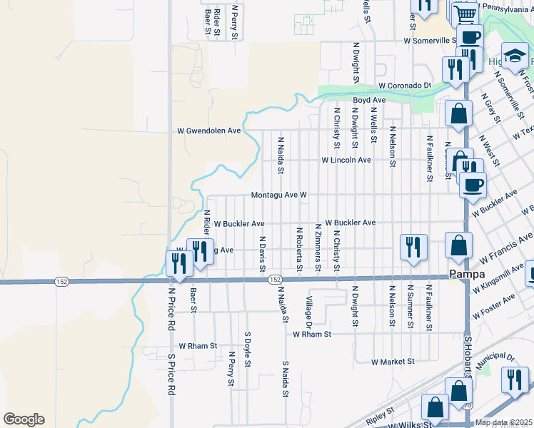 map of restaurants, bars, coffee shops, grocery stores, and more near 501-599 North Davis Street in Pampa
