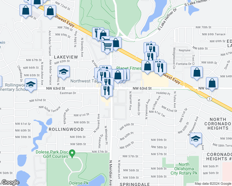 map of restaurants, bars, coffee shops, grocery stores, and more near 4432 Northwest 63rd Street in Oklahoma City