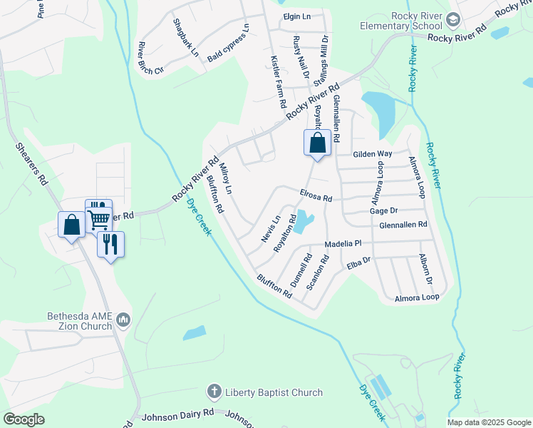 map of restaurants, bars, coffee shops, grocery stores, and more near 126 Elrosa Road in Mooresville