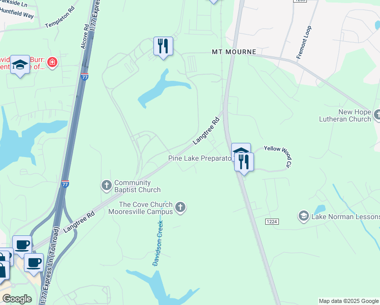 map of restaurants, bars, coffee shops, grocery stores, and more near Langtree Road in Mooresville
