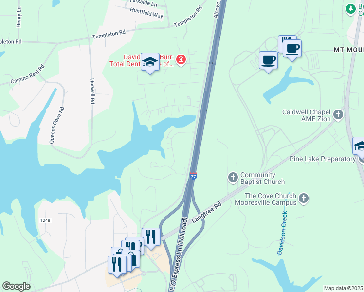 map of restaurants, bars, coffee shops, grocery stores, and more near Club Drive in Mooresville