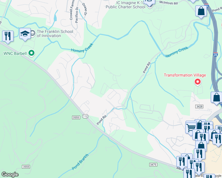 map of restaurants, bars, coffee shops, grocery stores, and more near 543 Pond Rd in Asheville