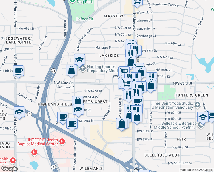 map of restaurants, bars, coffee shops, grocery stores, and more near 3035 Northwest 63rd Street in Oklahoma City