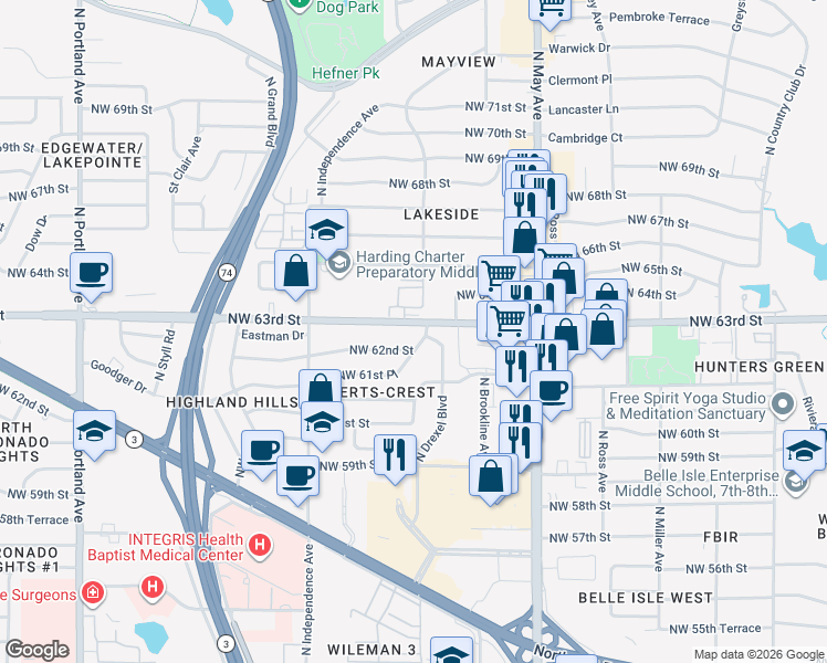 map of restaurants, bars, coffee shops, grocery stores, and more near 3106 Northwest 63rd Street in Oklahoma City