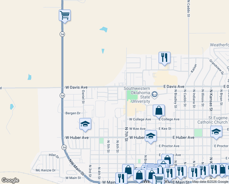 map of restaurants, bars, coffee shops, grocery stores, and more near 509 West Arlington Avenue in Weatherford