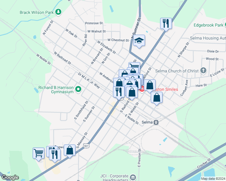 map of restaurants, bars, coffee shops, grocery stores, and more near 110 South Massey Street in Selma
