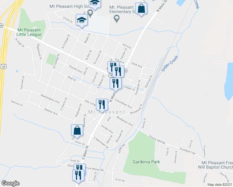 map of restaurants, bars, coffee shops, grocery stores, and more near 206 North Main Street in Mount Pleasant