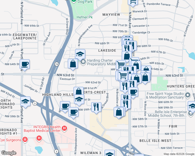 map of restaurants, bars, coffee shops, grocery stores, and more near 3106 Northwest 63rd Street in Oklahoma City