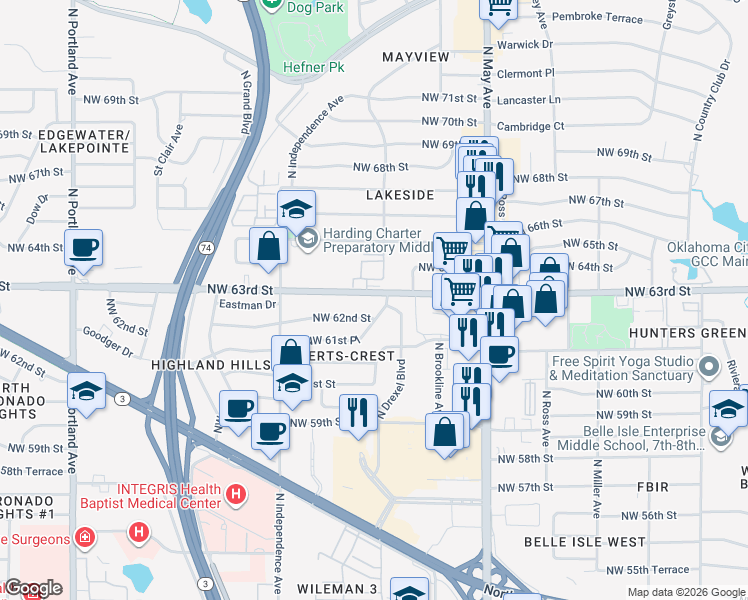 map of restaurants, bars, coffee shops, grocery stores, and more near 3106 Northwest 63rd Street in Oklahoma City