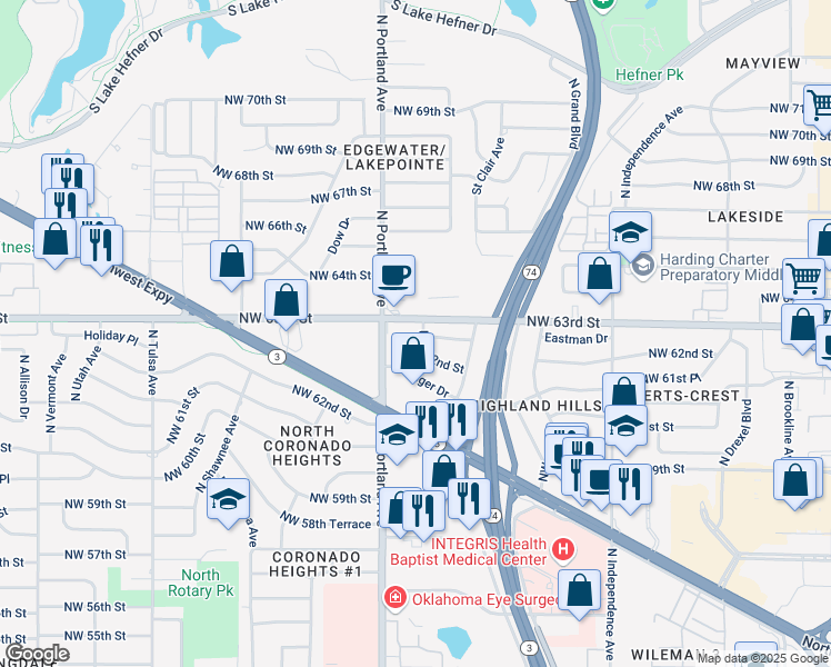map of restaurants, bars, coffee shops, grocery stores, and more near 3636 Northwest 63rd Street in Oklahoma City