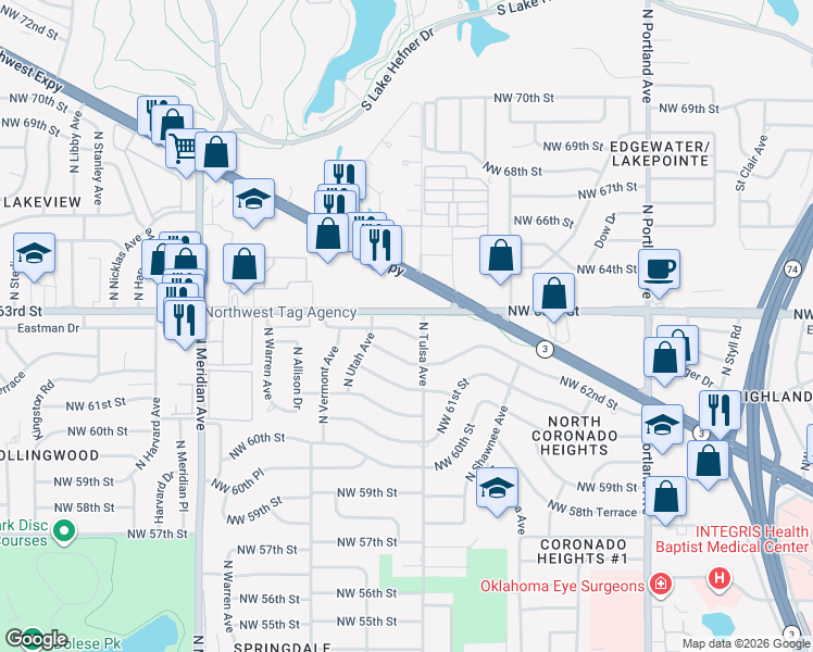 map of restaurants, bars, coffee shops, grocery stores, and more near 4117 Holiday Place in Oklahoma City