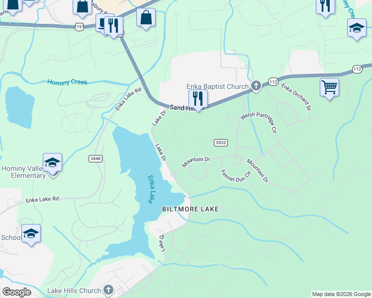 map of restaurants, bars, coffee shops, grocery stores, and more near 19 Kingsmill Court in Buncombe County