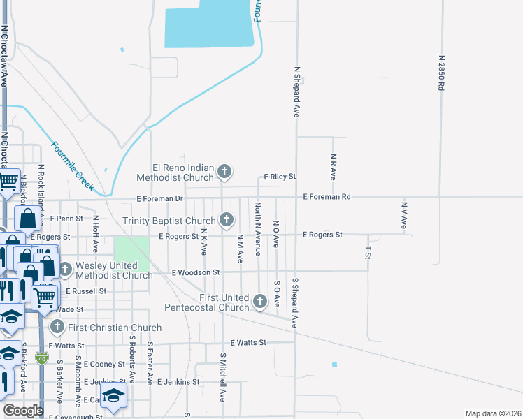 map of restaurants, bars, coffee shops, grocery stores, and more near 241 North North Avenue in El Reno