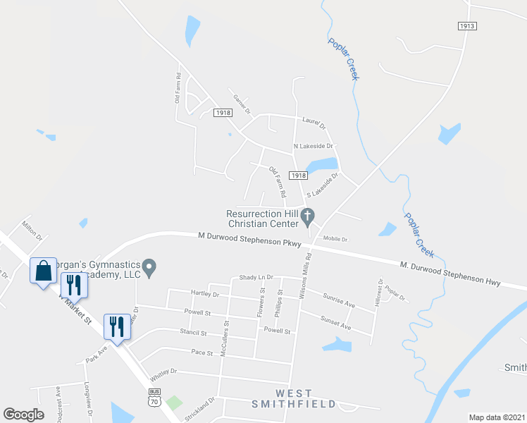 map of restaurants, bars, coffee shops, grocery stores, and more near 125 Stephenson Drive in Smithfield