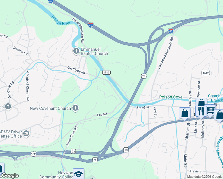 map of restaurants, bars, coffee shops, grocery stores, and more near 2524 Old Clyde Road in Clyde