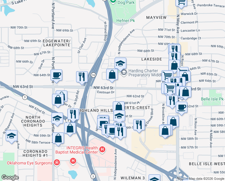 map of restaurants, bars, coffee shops, grocery stores, and more near 3305 Eastman Dr in Oklahoma City