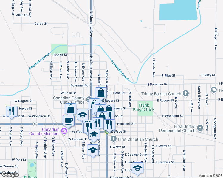 map of restaurants, bars, coffee shops, grocery stores, and more near 412 North Barker Avenue in El Reno