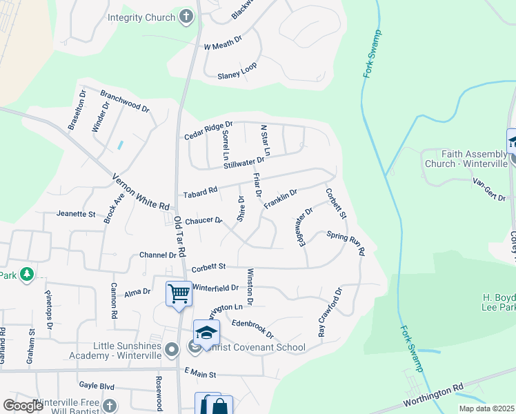 map of restaurants, bars, coffee shops, grocery stores, and more near 2326 Franklin Drive in Winterville