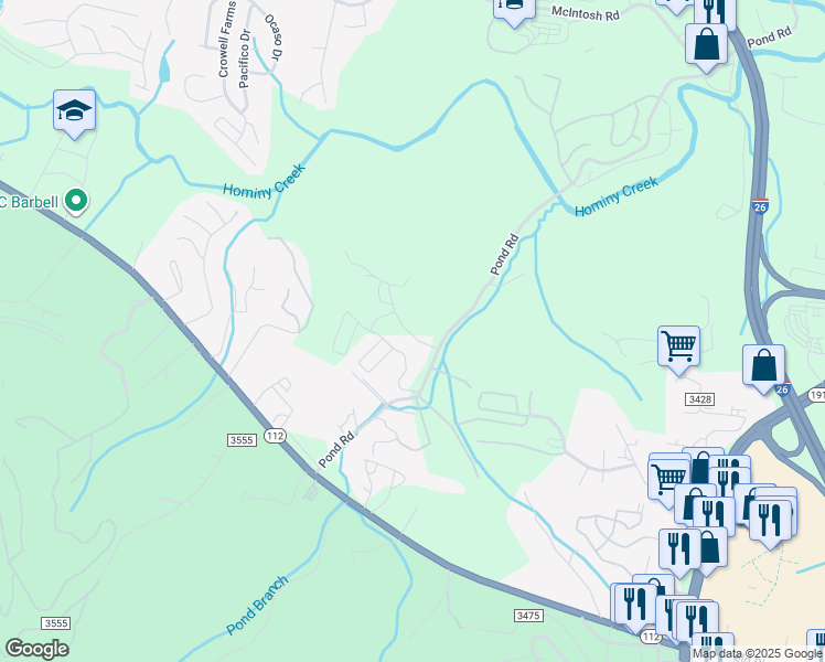 map of restaurants, bars, coffee shops, grocery stores, and more near 543 Pond Road in Asheville