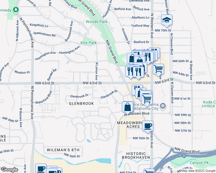 map of restaurants, bars, coffee shops, grocery stores, and more near 6308 Christon Court in Oklahoma City