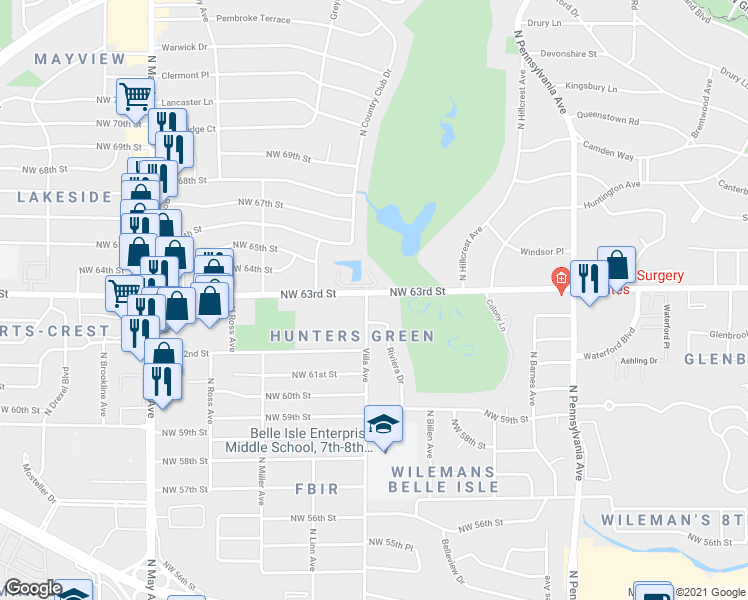 map of restaurants, bars, coffee shops, grocery stores, and more near 2400 Northwest 63rd Street in Oklahoma City