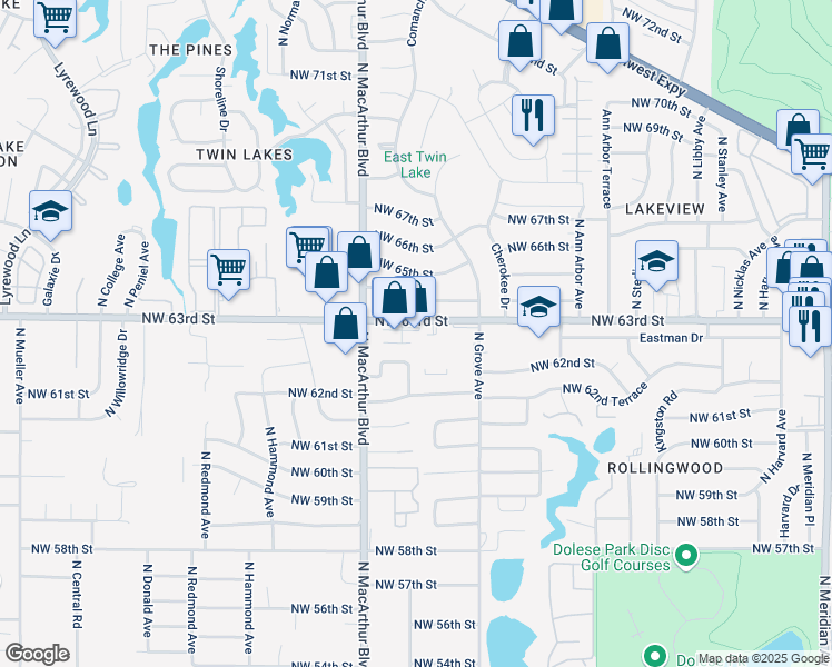 map of restaurants, bars, coffee shops, grocery stores, and more near 5804 Northwest 63rd Street in Warr Acres