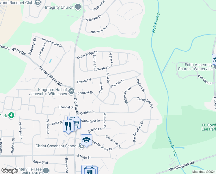 map of restaurants, bars, coffee shops, grocery stores, and more near 2326 Franklin Drive in Winterville