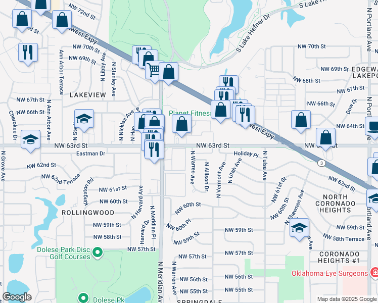 map of restaurants, bars, coffee shops, grocery stores, and more near 4400 Northwest 63rd Street in Oklahoma City