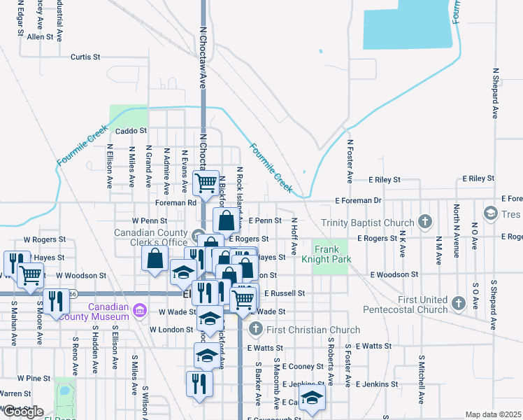 map of restaurants, bars, coffee shops, grocery stores, and more near 412 North Barker Avenue in El Reno
