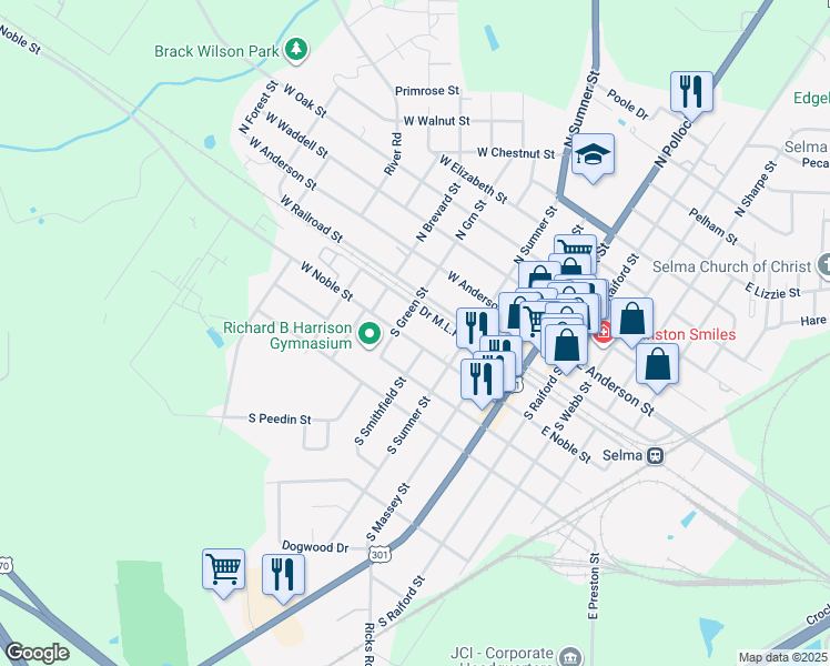 map of restaurants, bars, coffee shops, grocery stores, and more near 506 West Noble Street in Selma