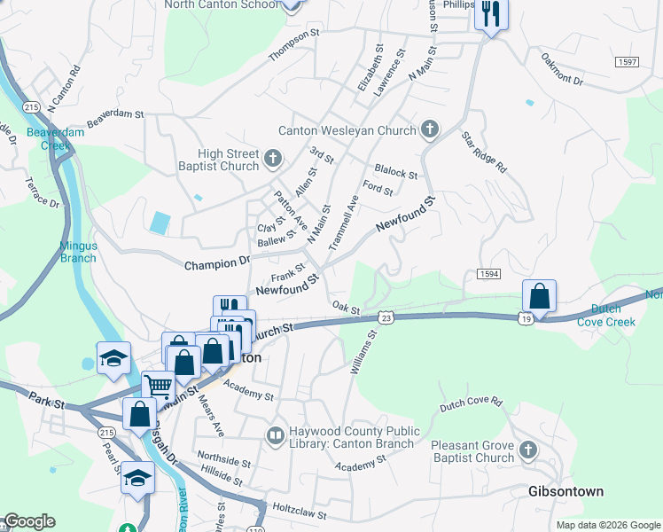 map of restaurants, bars, coffee shops, grocery stores, and more near 44 Pine Street in Canton