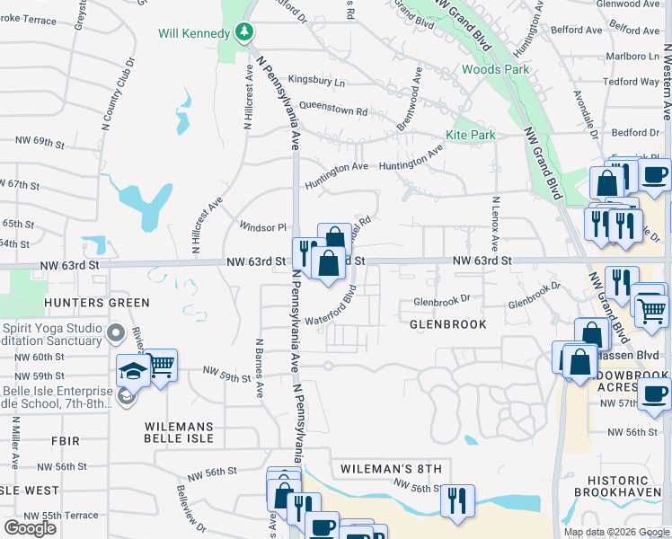 map of restaurants, bars, coffee shops, grocery stores, and more near 6307 Waterford Boulevard in Oklahoma City