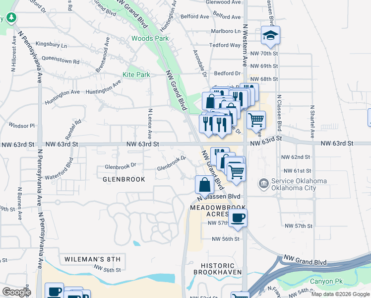 map of restaurants, bars, coffee shops, grocery stores, and more near 6308 Edington Court in Oklahoma City