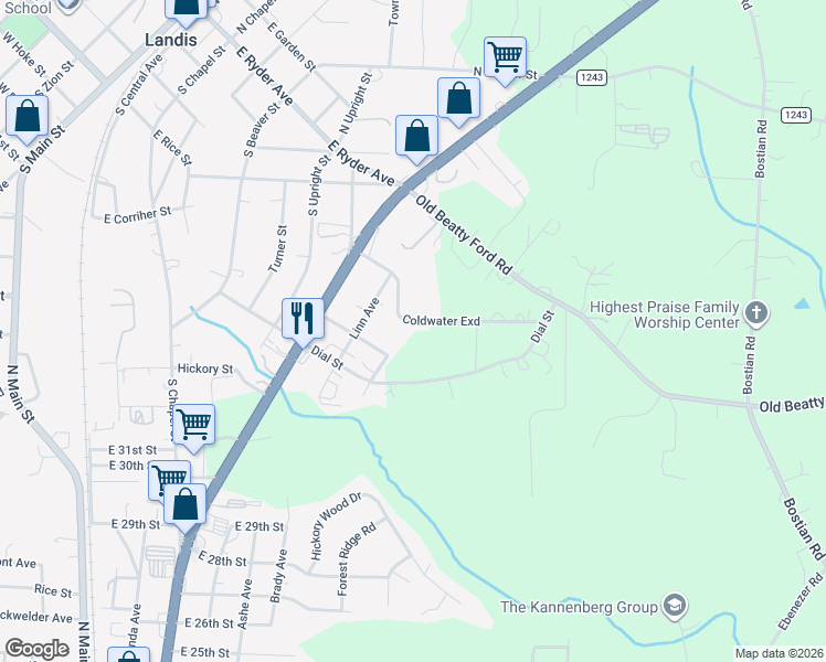 map of restaurants, bars, coffee shops, grocery stores, and more near 990 Cold Water Street in Kannapolis